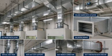 Industrial ductwork system with damper and firestop features.