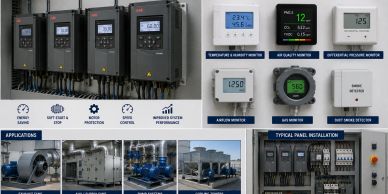 Industrial control panel and monitoring devices for HVAC applications.
