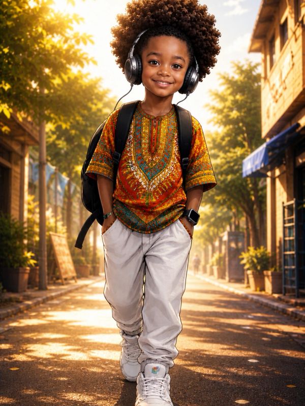 Happy child with headphones walking down a sunlit street, wearing colorful traditional shirt and white pants.