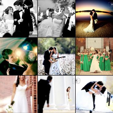 Collage of joyful wedding moments with couples and bridesmaids in vibrant settings.