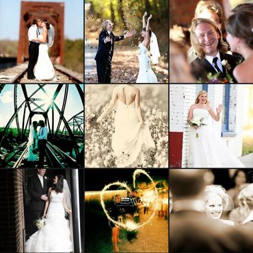 A collage of joyful wedding moments with couples and brides captured in beautiful outdoor and candid scenes.