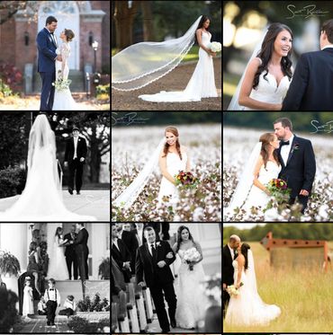 A collage of beautiful wedding moments with brides and grooms in elegant attire.