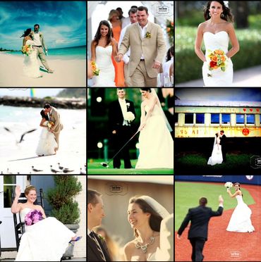 A collage of joyful wedding moments featuring couples and brides in various settings.