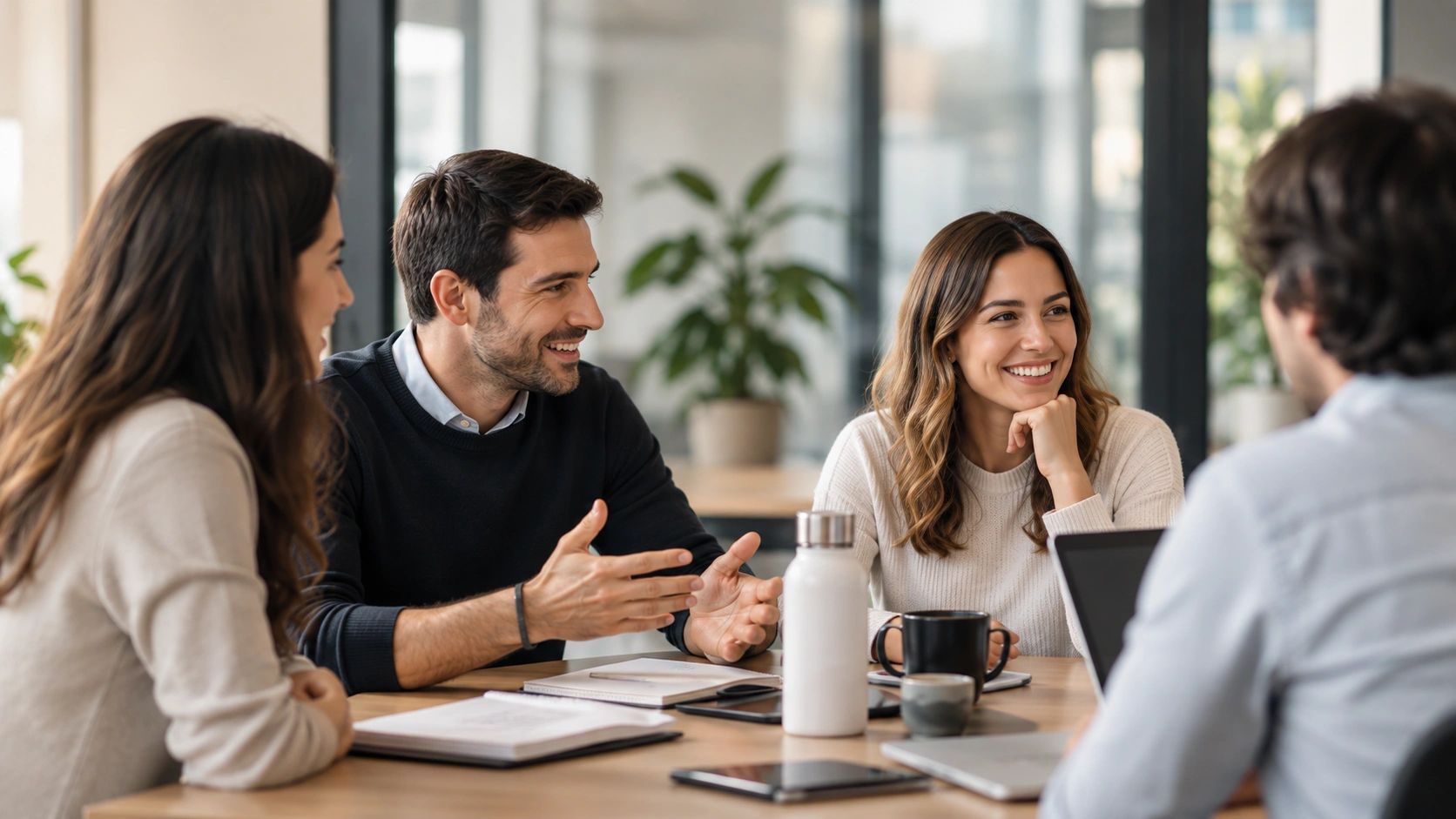 Grupo de jóvenes conversando en una reunión casual.