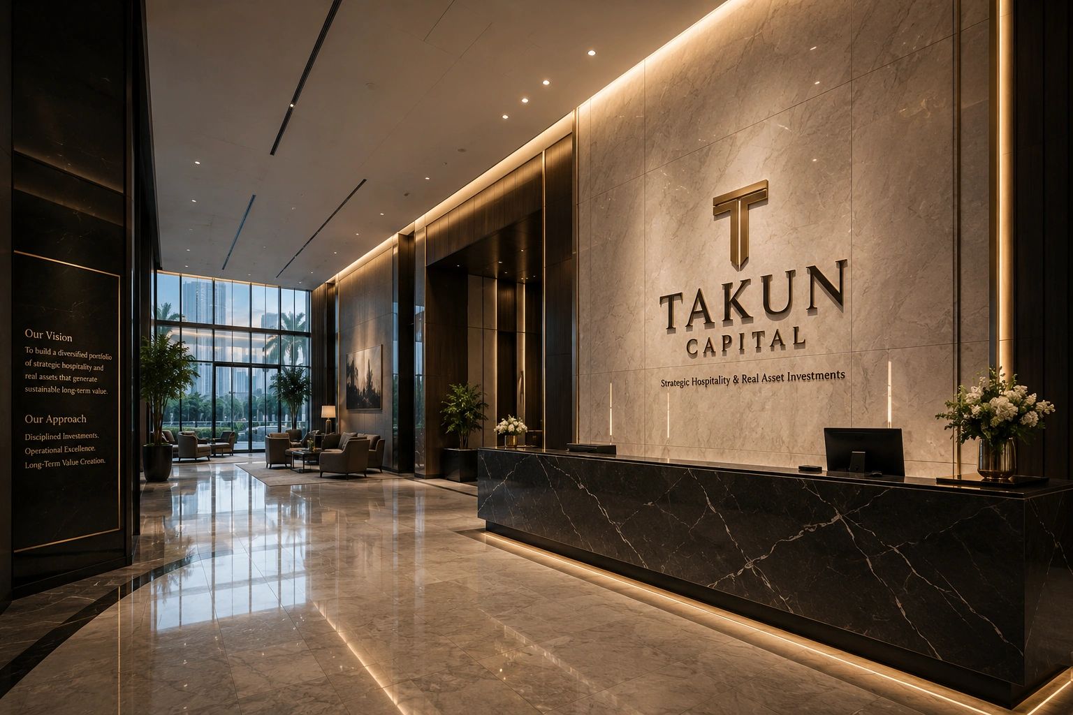 Luxurious office lobby with marble floors and a sleek reception desk.