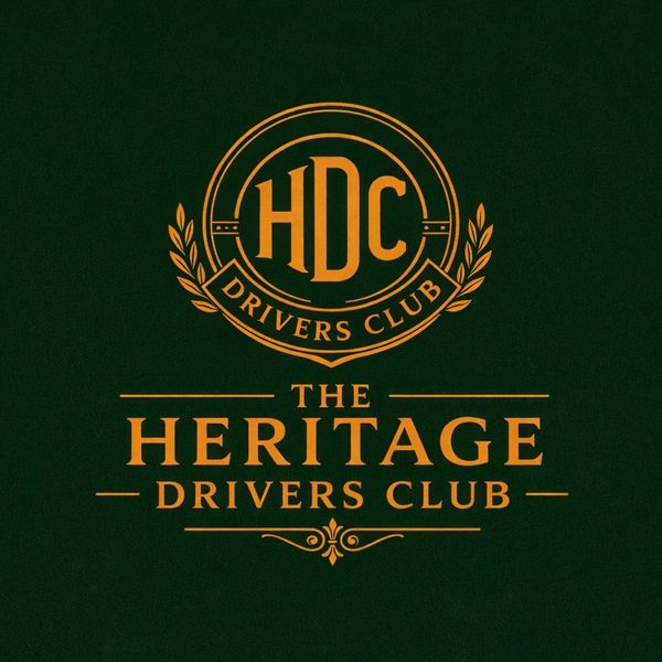 Logo of The Heritage Drivers Club in gold on a dark green background.
