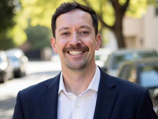 Smiling man in suit outdoors.