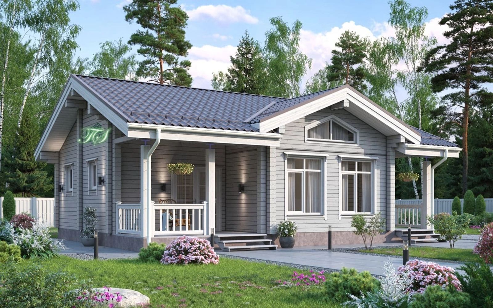 Cozy modern gray wooden house surrounded by lush greenery and flowers.