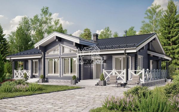 Modern single-story blue house with large windows and garden seating area.