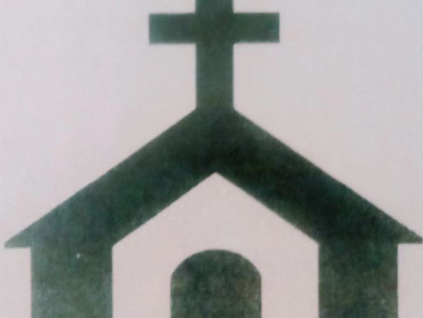 Black church silhouette with a cross on top against a white background.
