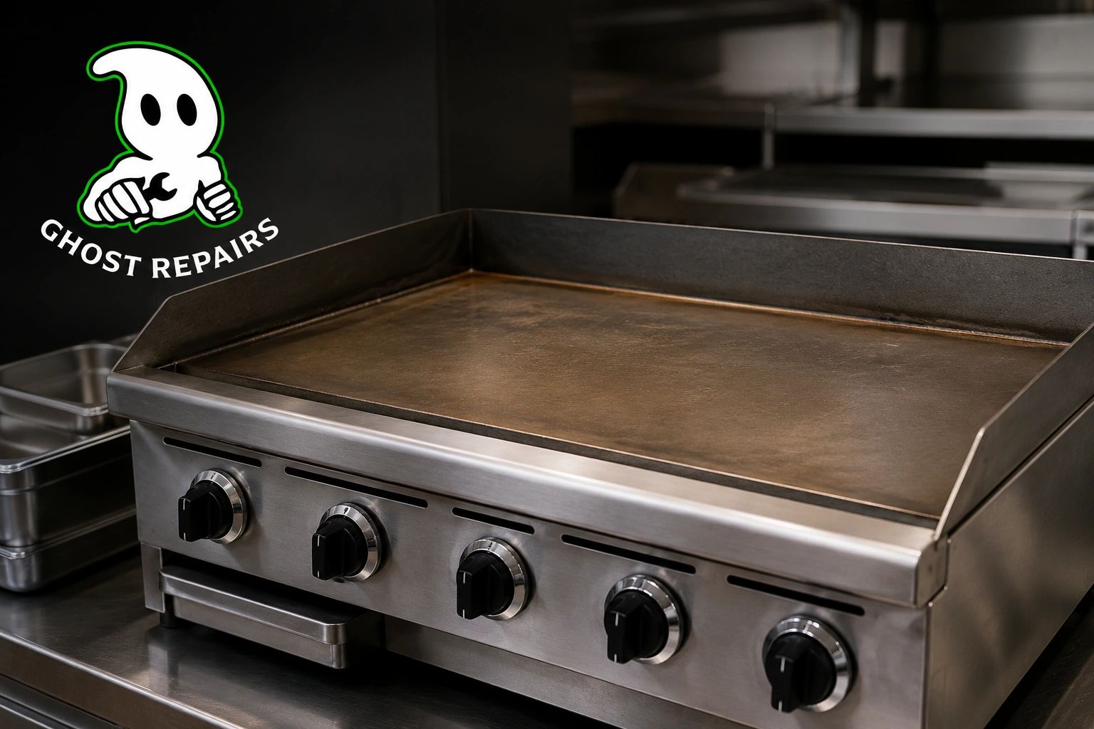 Clean commercial griddle on stainless steel counter with Ghost Repairs logo.
