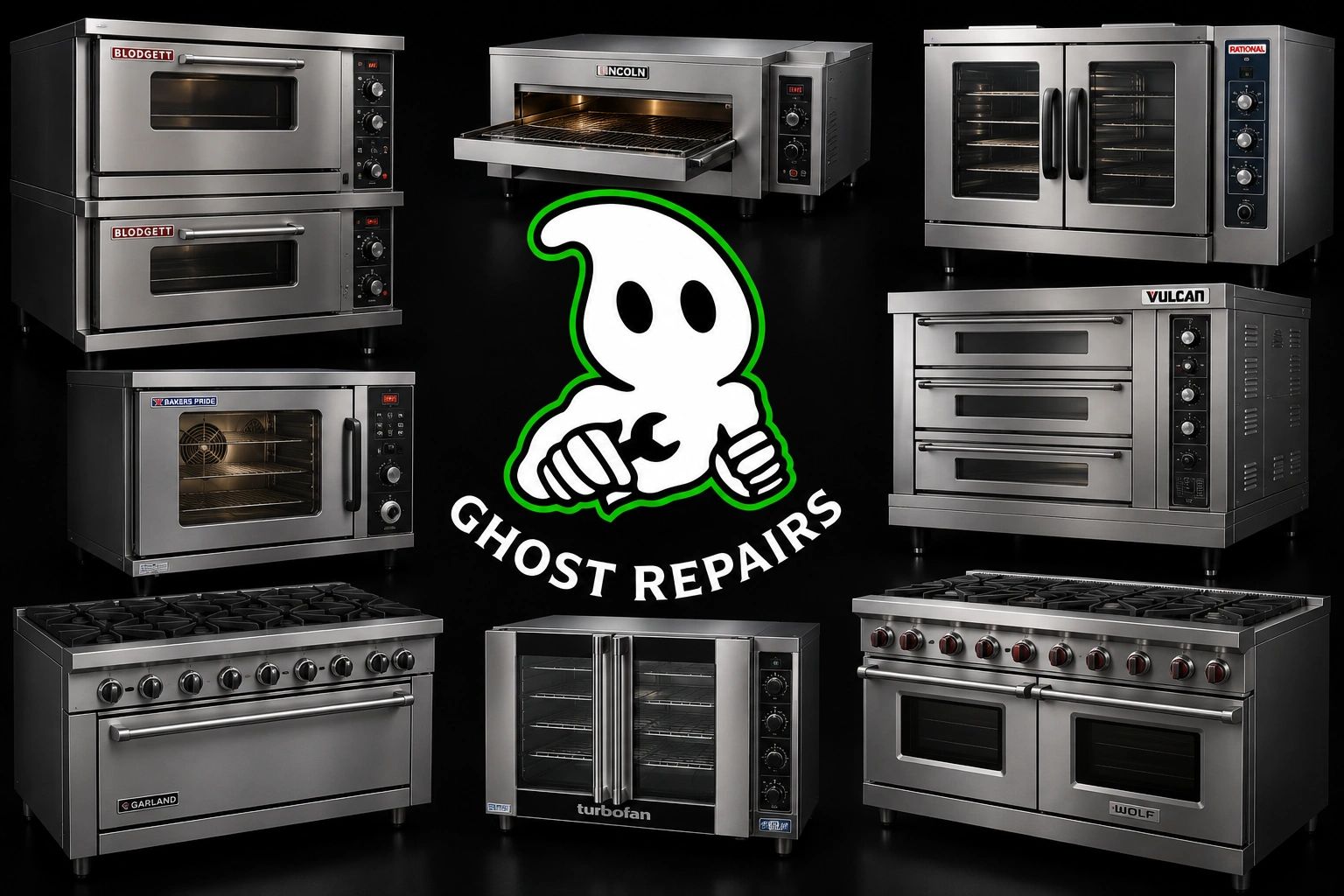Various commercial kitchen ovens and stoves around a ghost repair logo.