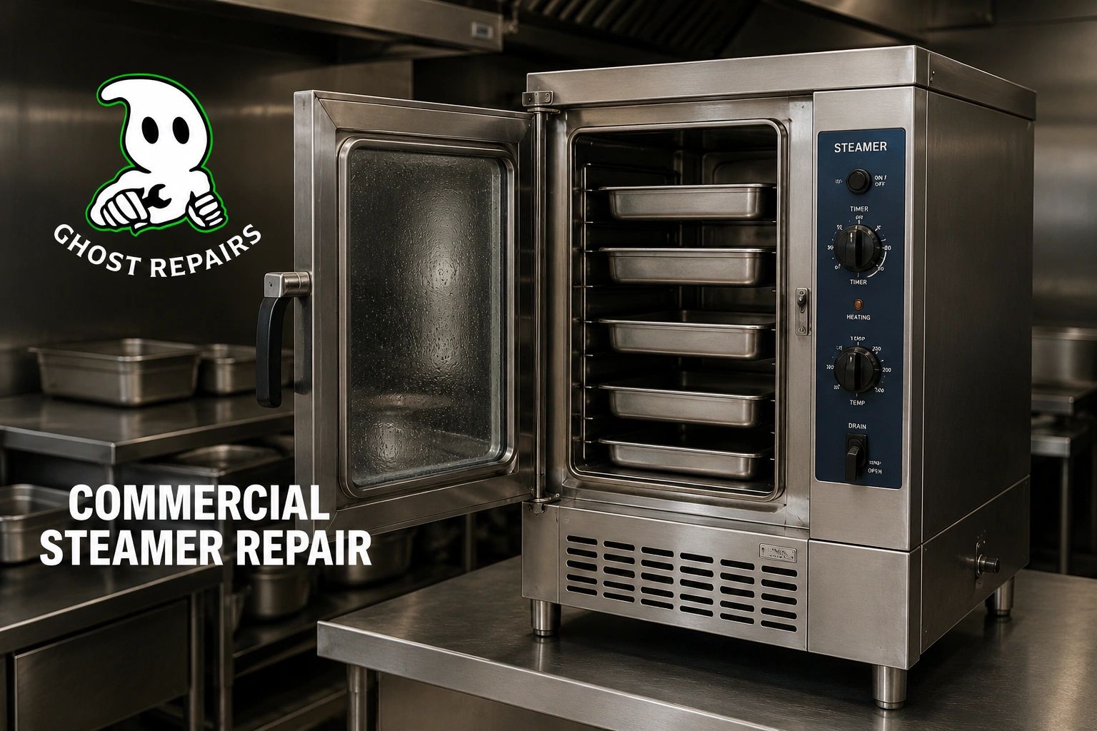 Commercial steamer with door open, highlighting repair services by Ghost Repairs.