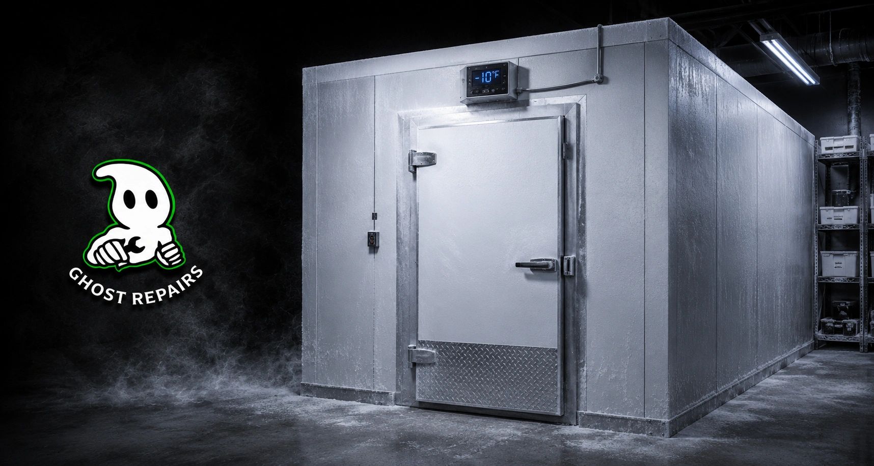 Industrial cold storage room with a frost-covered door at -10°F.