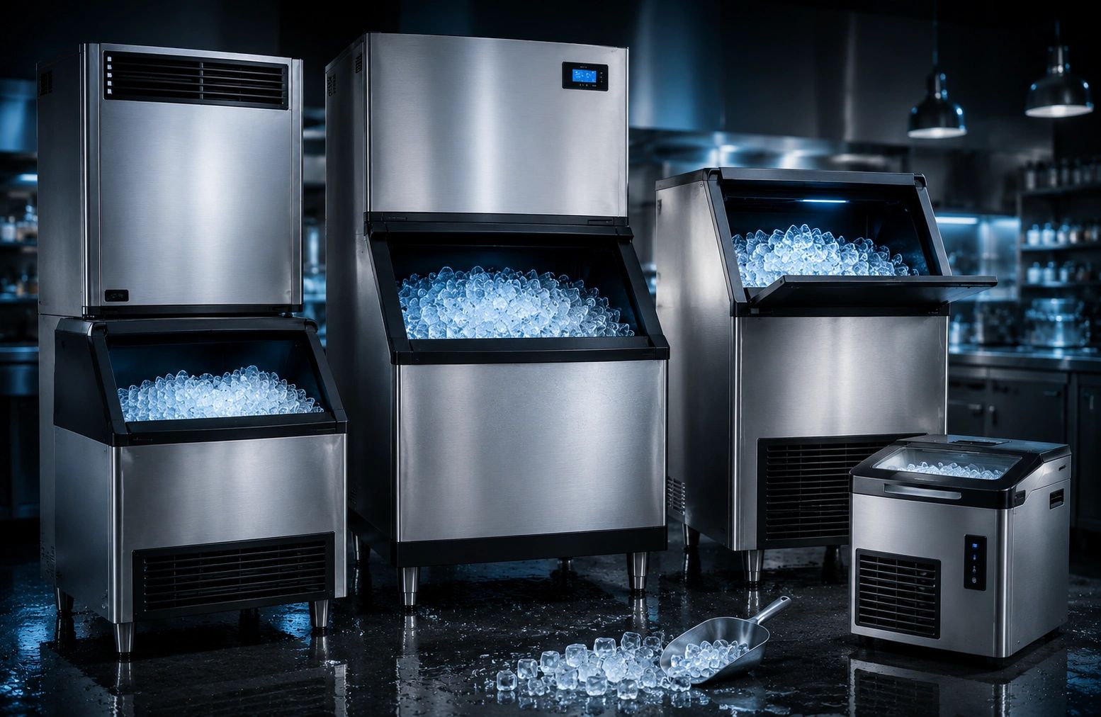 Various sizes of commercial ice makers filled with ice in a professional kitchen.