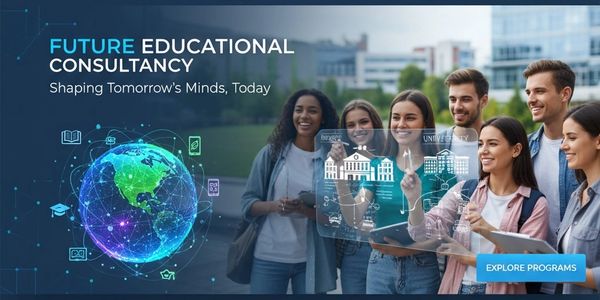 Group of diverse students exploring future educational programs with digital technology.