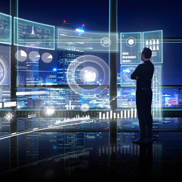 Smart financial analytics working at modern office with big data