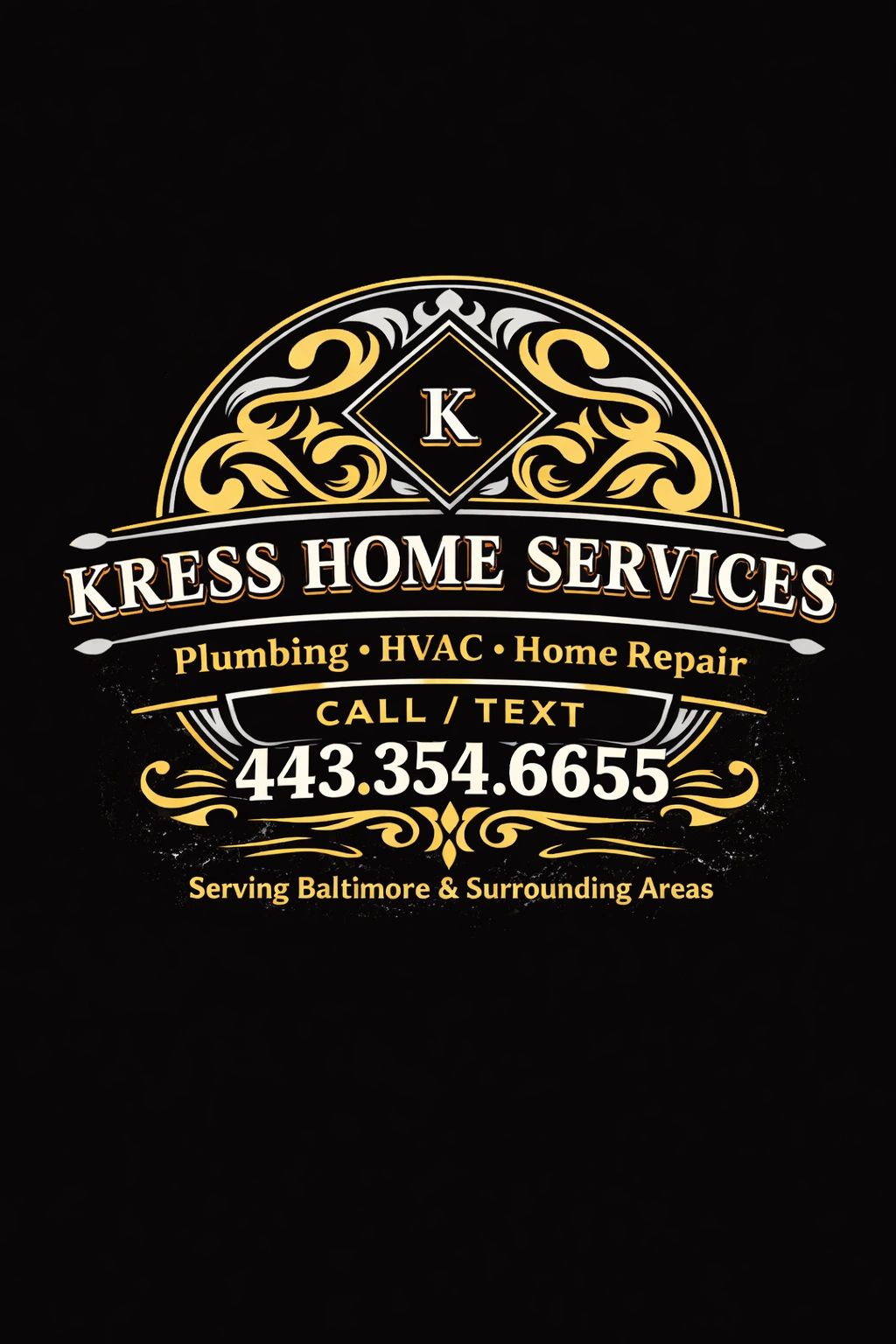 Elegant Kress Home Services logo with contact info for plumbing, HVAC, and home repair.