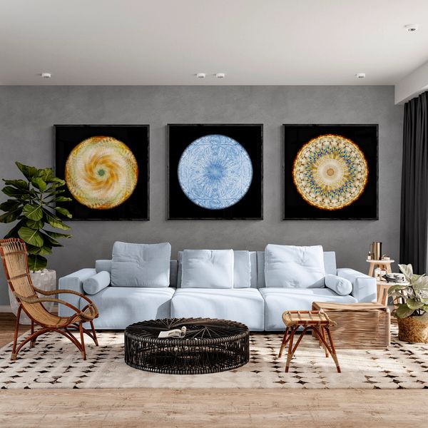 Comfy boho living room with a triptych of mandala art over a white couch