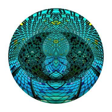 kaleidoscopic abstract photo of blue and green jewel-like glass panels creates a sphere