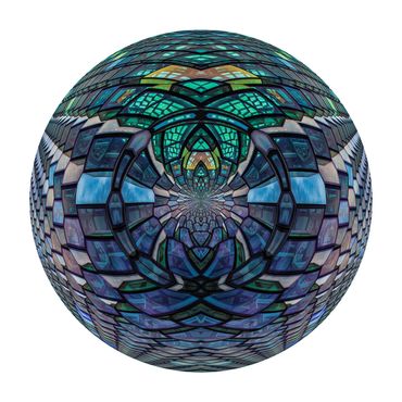 kaleidoscopic abstract photo of blue, green purple shiny glass panels creates a sphere