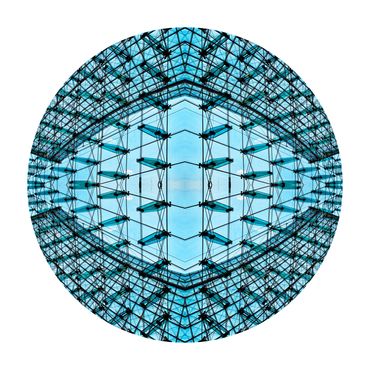 symmetrical spherical grid with a central axis against a cyan blue background