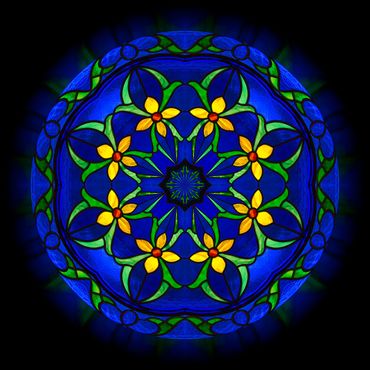8 yellow floral accents on a blue stained glass creates a high contrast photo manipulation orb