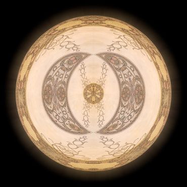  A delicate pattern adorns this glowing orb of light browns and creams.