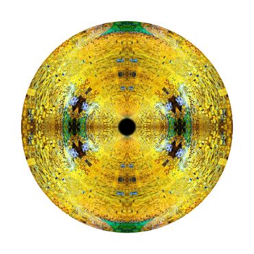 mostly yellow-gold geometric shapes in Klimt painting style in this circular photo