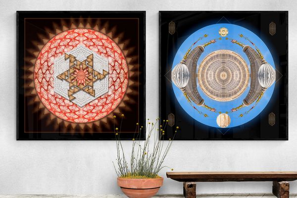 Two large pieces of abstract art, one red and the other blue, over a bench with some plants