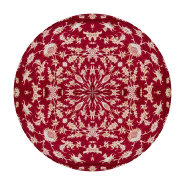 Photo of Burgundy and cream circular photo of a Tabriz wool carpet on a white background
