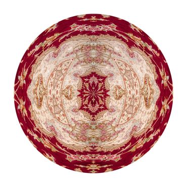 Photo of Burgundy outer edge and cream center circular photo of a Tabriz carpet on  white background