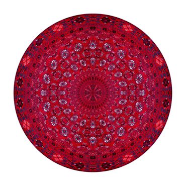 Circular photo of a deep crimson red Bukhara carpet with a complex geometric design.