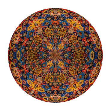 Photo of circular Persian carpet which is mostly amber yellow in color. 