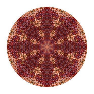Circular photo of burgundy and gold carpet from Turco-Persian which depicts a fish scale texture