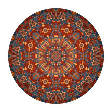 Circular photo of a sienna orange and teal blue carpet with a complex geometric starburst design
