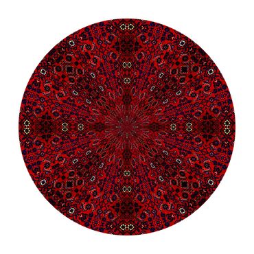 Circular photo of a mostly deep red carpet with small white flowers in a complex geometry