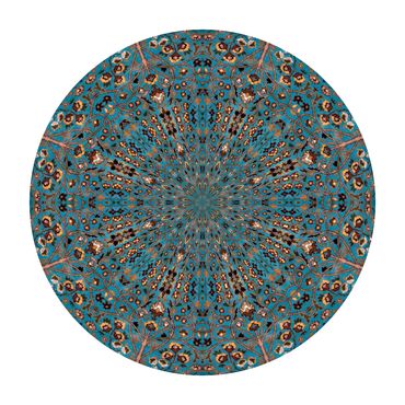 Circular photo of a mostly teal blue carpet with the Tree of Life design