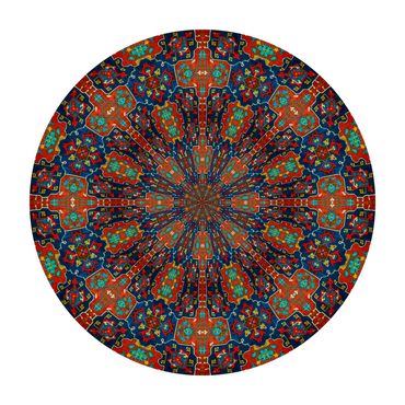 Complex geometry in a kaleidoscopic Persian carpet photo red, blue, green, yellow