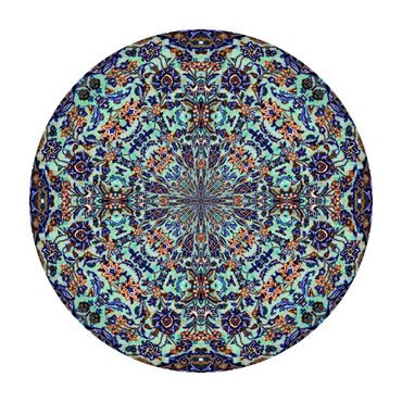 Circular photo of persian carpet with a complex floral design: pink flowers on a pale blue base