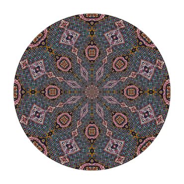 photo of circular persian rug with complex tribal geometric design