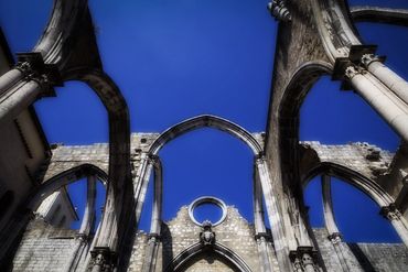 The blue skies are visible in this roofless ruin, formerly a convent and church.