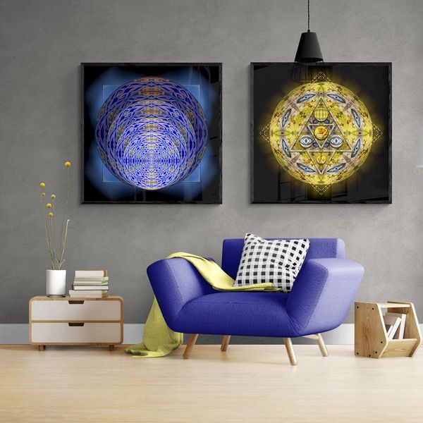 A diptych of one purple and one yellow image hangs behind a comfy arm chair and a small side table.