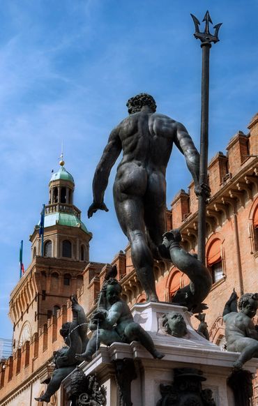 Posterior view of Neptune statue in Bologna Italy