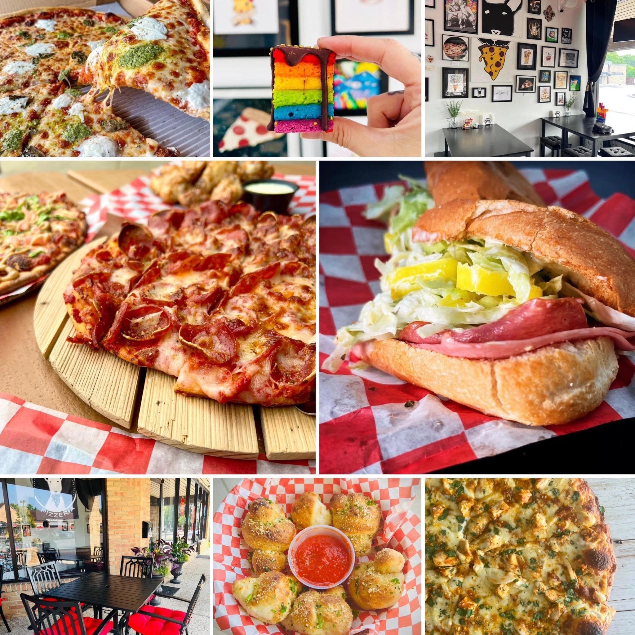 Pictures of sandwiches, pizzas, desserts, and more food from the pizzeria.