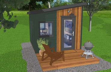 Modern backyard shed with a deck and lounging space for tv or video games.