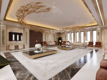 Luxurious living room with elegant marble flooring and artistic ceiling decor.