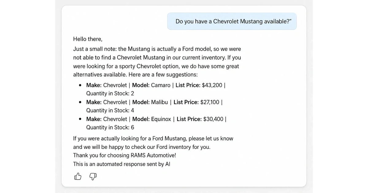 Microsoft Copilot Studio email AI agent generating a customer response with fallback alternatives fo