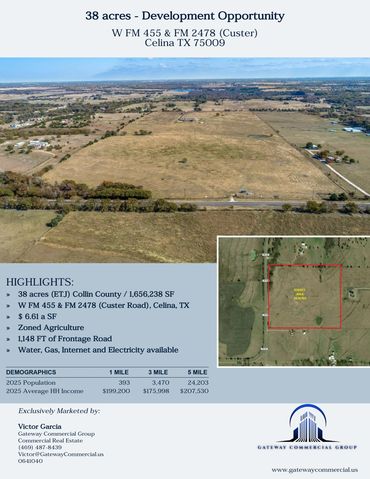 38-acre development land in Celina, TX with agriculture zoning and frontage road.