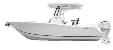White center console motorboat against white background.